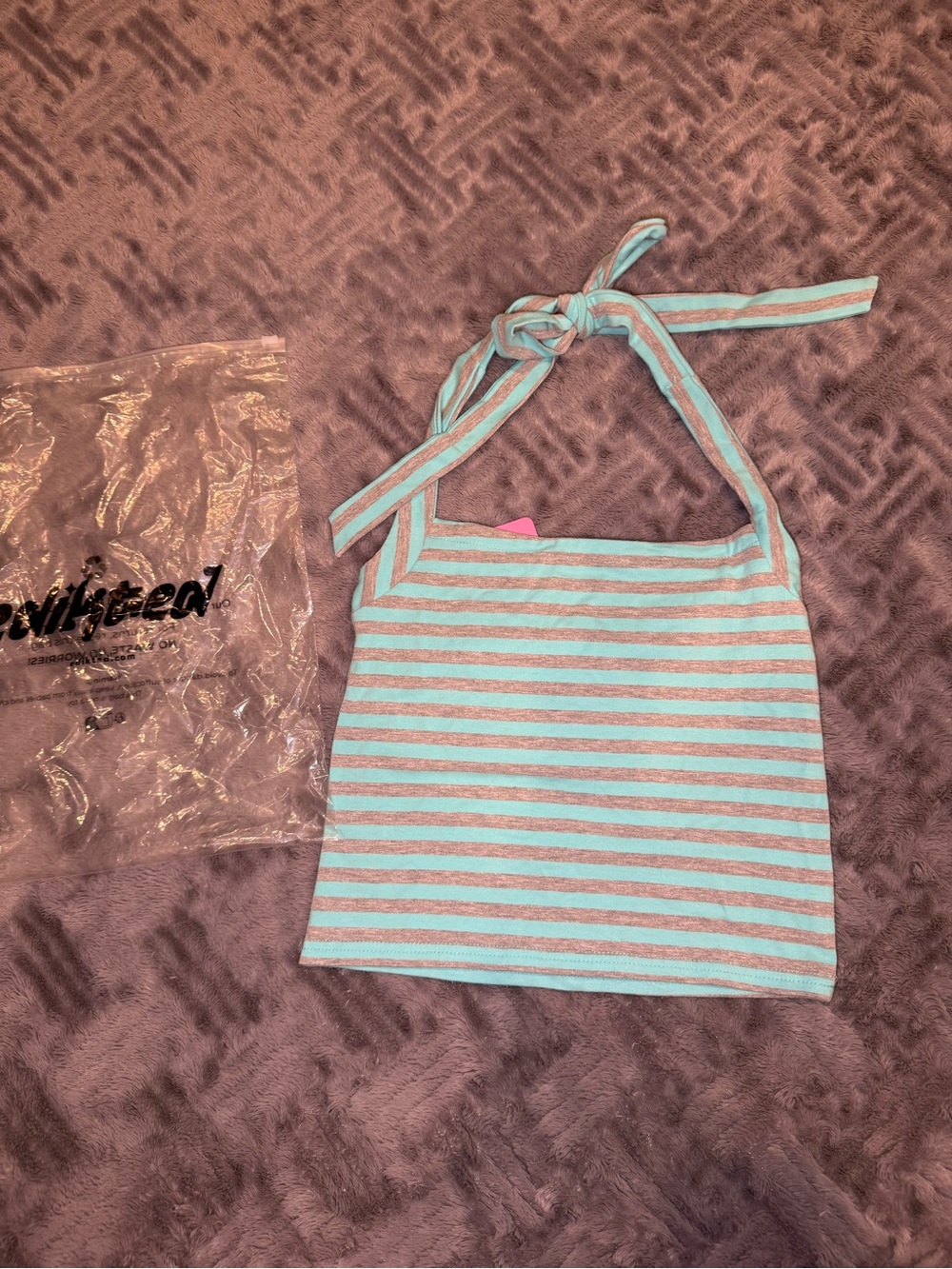 Edikted Striped Halter Crop Top Bag - Light Blue & Beige